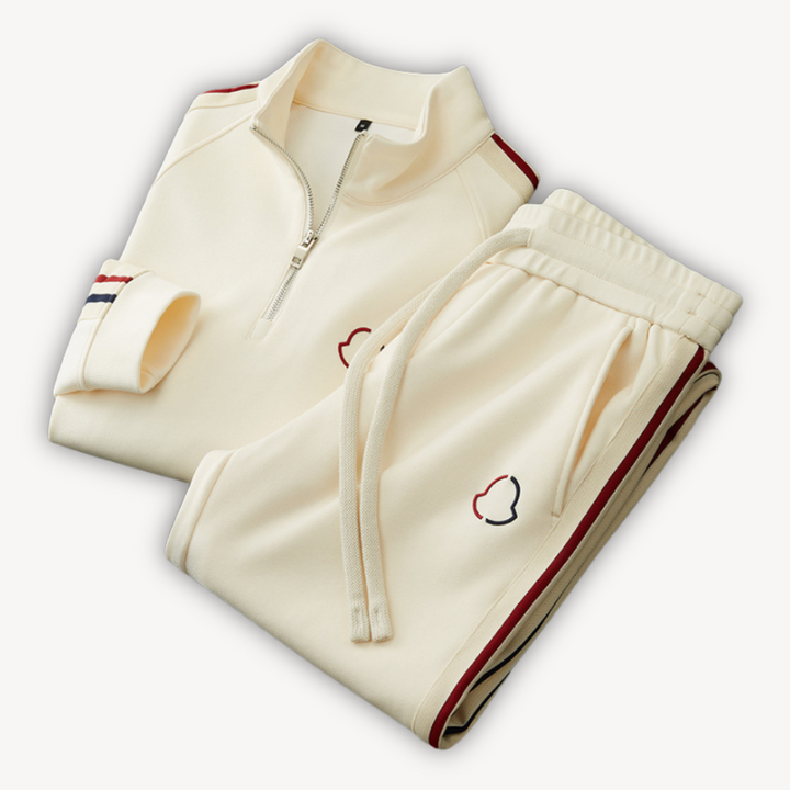 Men's stylish cotton tracksuit set with zip-up hoodie and joggers in neutral colors; perfect for casual wear and lounging.