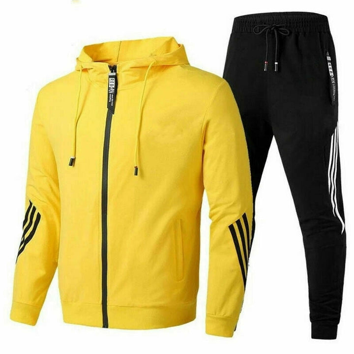 "Men's stylish two-piece tracksuit in black, side view, relaxed fit, versatile design, ideal for casual or active wear."