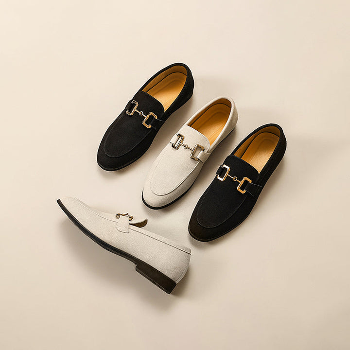 Men's suede loafers with horsebit detail, almond toe, crafted for semi-formal occasions, offering elegant versatile style.