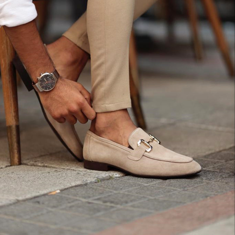Men's suede loafers with horsebit detail, almond toe, crafted for semi-formal occasions, offering elegant versatile style.