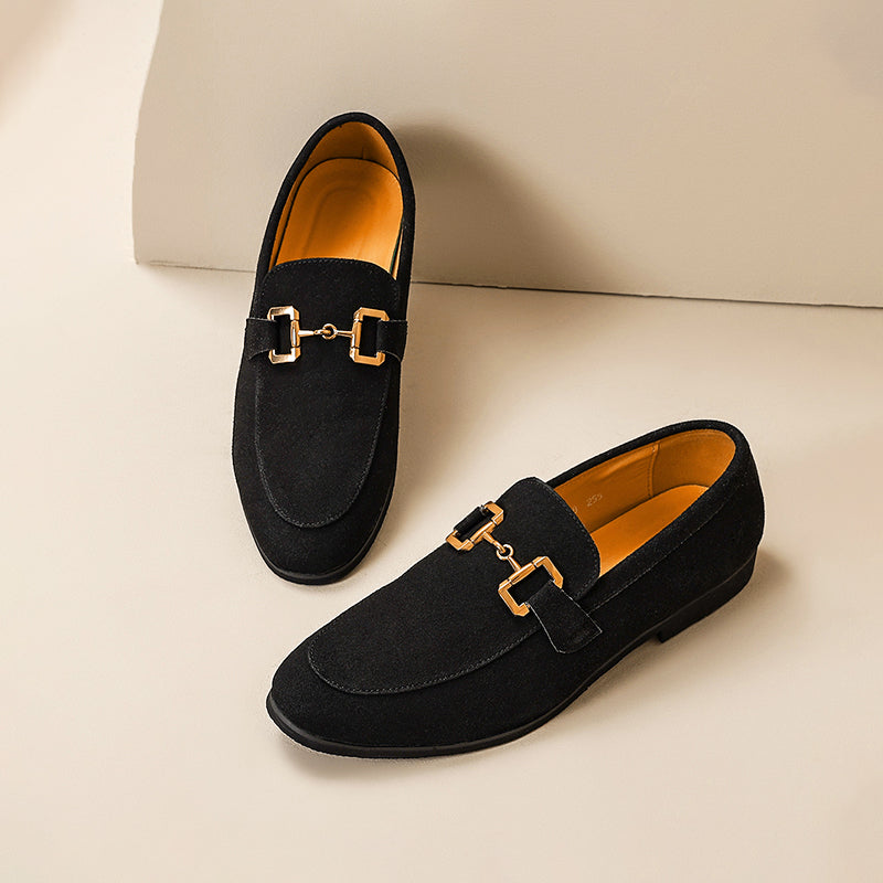 Men's suede loafers with horsebit detail, almond toe, crafted for semi-formal occasions, offering elegant versatile style.