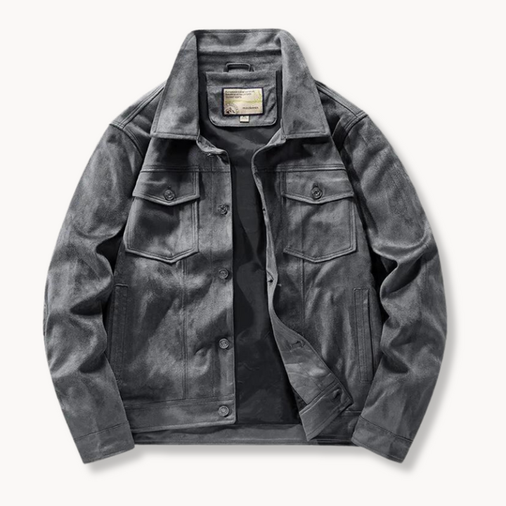 Men's suede trucker jacket with stand collar, showing rich texture and sleek design, ideal for sophisticated style.