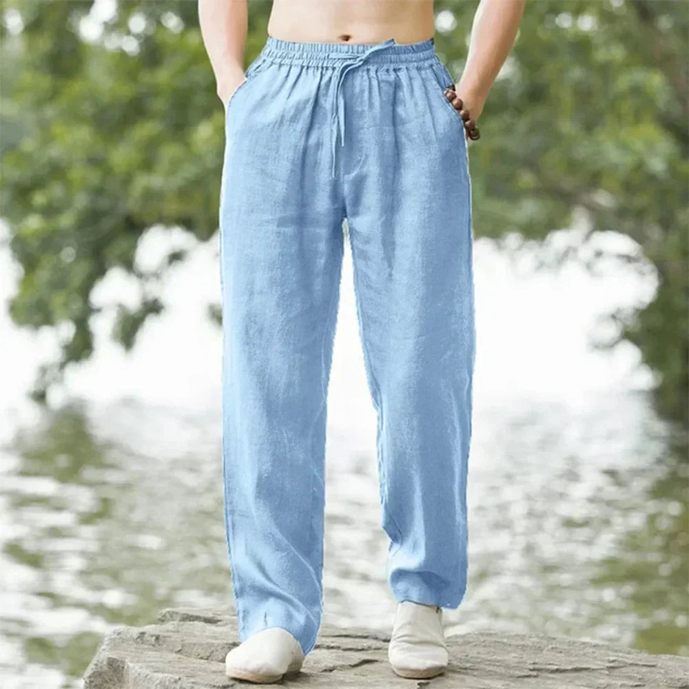 Men's summer linen pants, front view. Breathable lightweight fabric, relaxed fit with elastic waistband, perfect for casual w