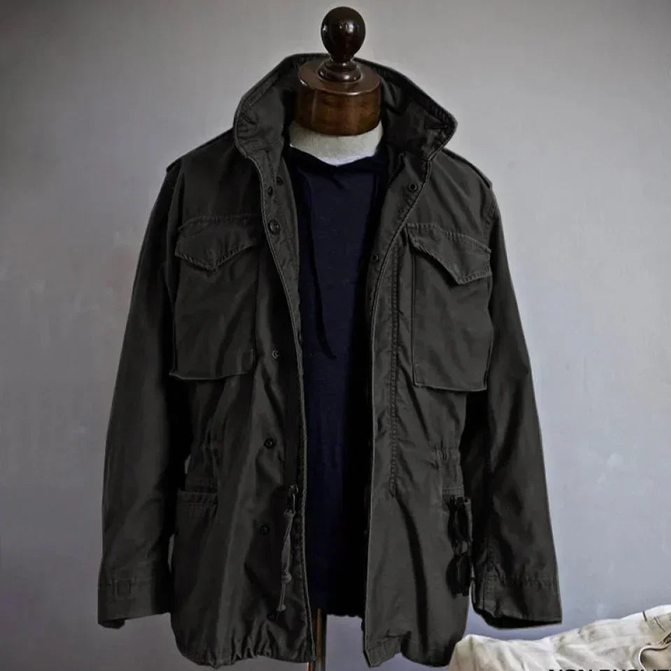 "Men's Vintage Cotton Field Jacket with adjustable waist; durable, breathable fabric, perfect for layering and outdoor wear."