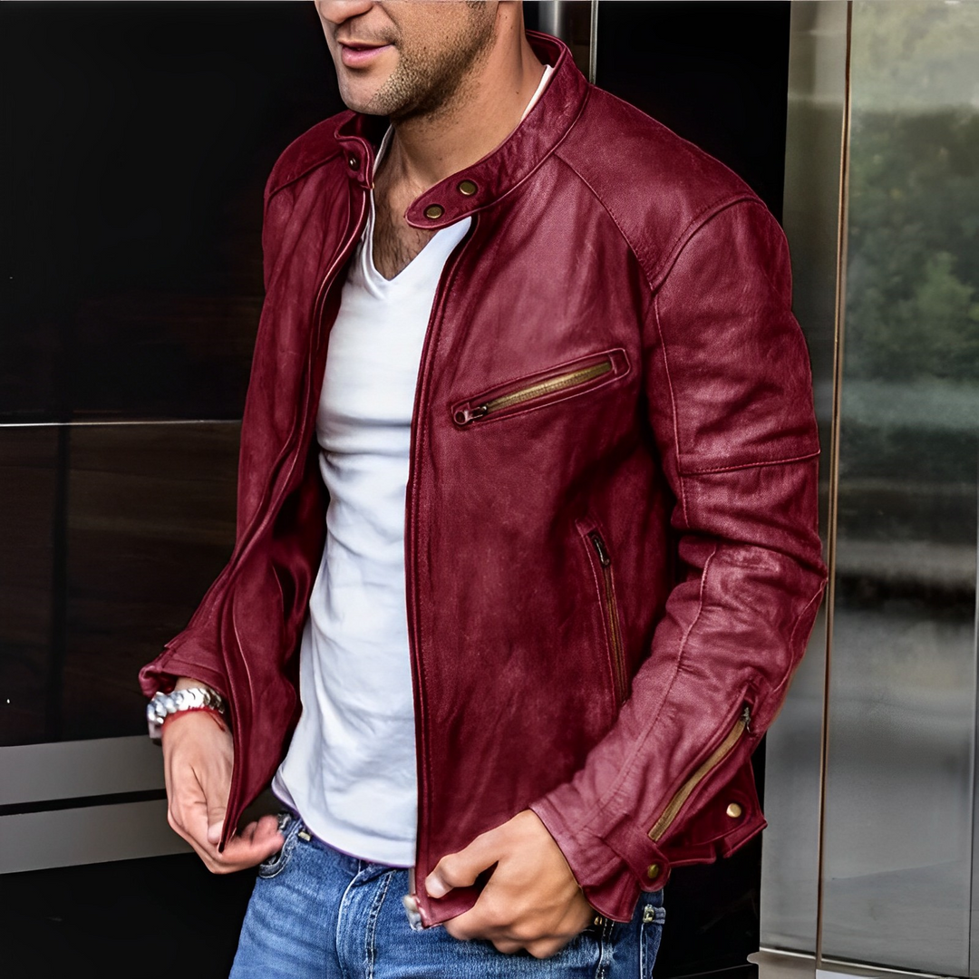 Men's vintage stand-up collar jacket, black PU leather, retro style, stylish for casual outings and outdoor adventures.