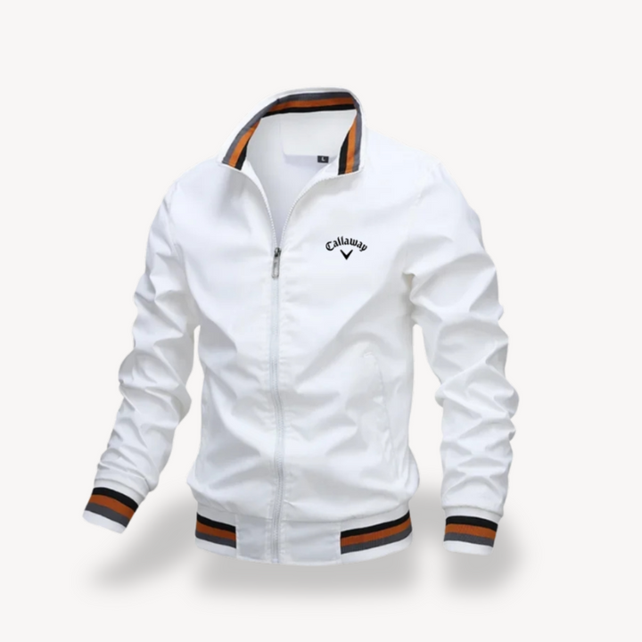 Men's water-resistant golf jacket windbreaker with sleek design, ribbed hem, and full-zip closure, suitable for outdoor wear.