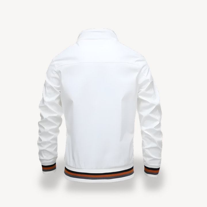 Men's water-resistant golf jacket windbreaker with sleek design, ribbed hem, and full-zip closure, suitable for outdoor wear.