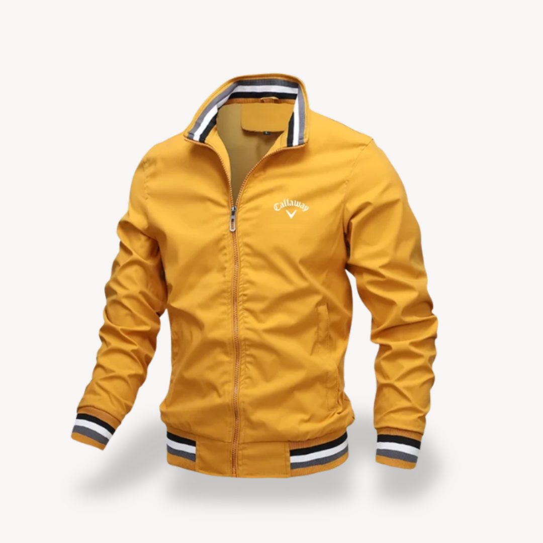 Men's water-resistant golf jacket windbreaker with sleek design, ribbed hem, and full-zip closure, suitable for outdoor wear.