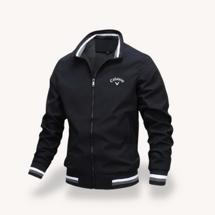Men's water-resistant golf jacket windbreaker with sleek design, ribbed hem, and full-zip closure, suitable for outdoor wear.