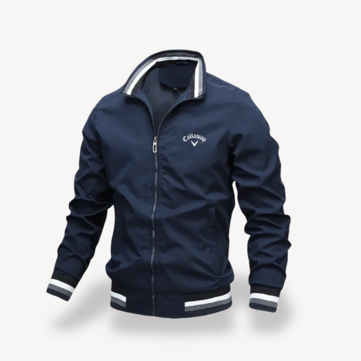 Men's water-resistant golf jacket windbreaker with sleek design, ribbed hem, and full-zip closure, suitable for outdoor wear.