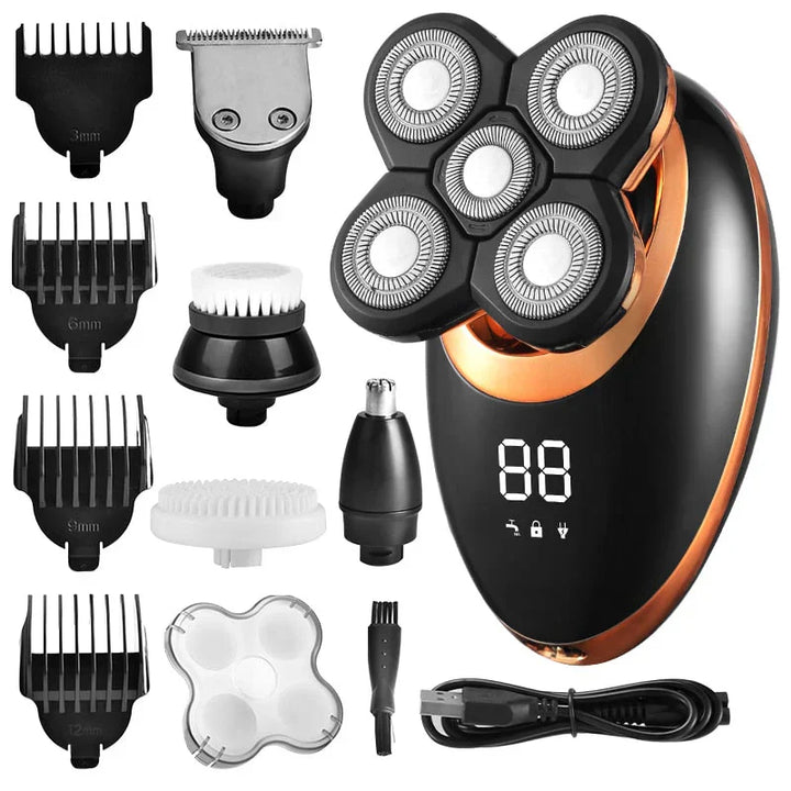 Men's waterproof cordless trimmer with ergonomic grip, stainless steel blades, and multi-functional attachments for grooming.