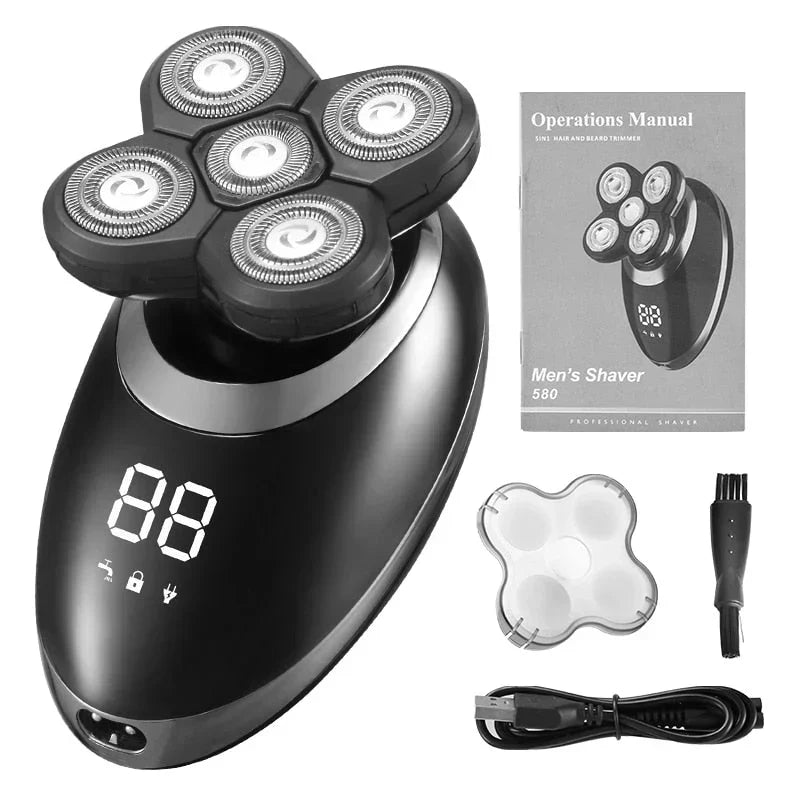 Men's waterproof cordless trimmer with ergonomic grip, stainless steel blades, and multi-functional attachments for grooming.