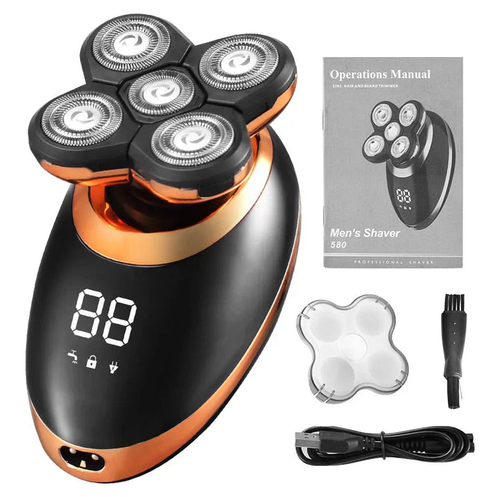 Men's waterproof cordless trimmer with ergonomic grip, stainless steel blades, and multi-functional attachments for grooming.