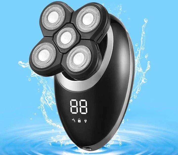 Men's waterproof cordless trimmer with ergonomic grip, stainless steel blades, and multi-functional attachments for grooming.