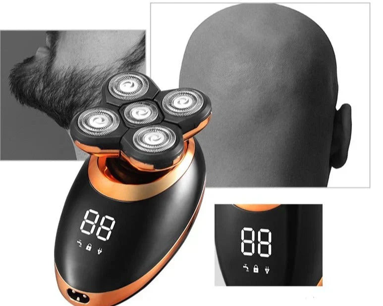 Men's waterproof cordless trimmer with ergonomic grip, stainless steel blades, and multi-functional attachments for grooming.