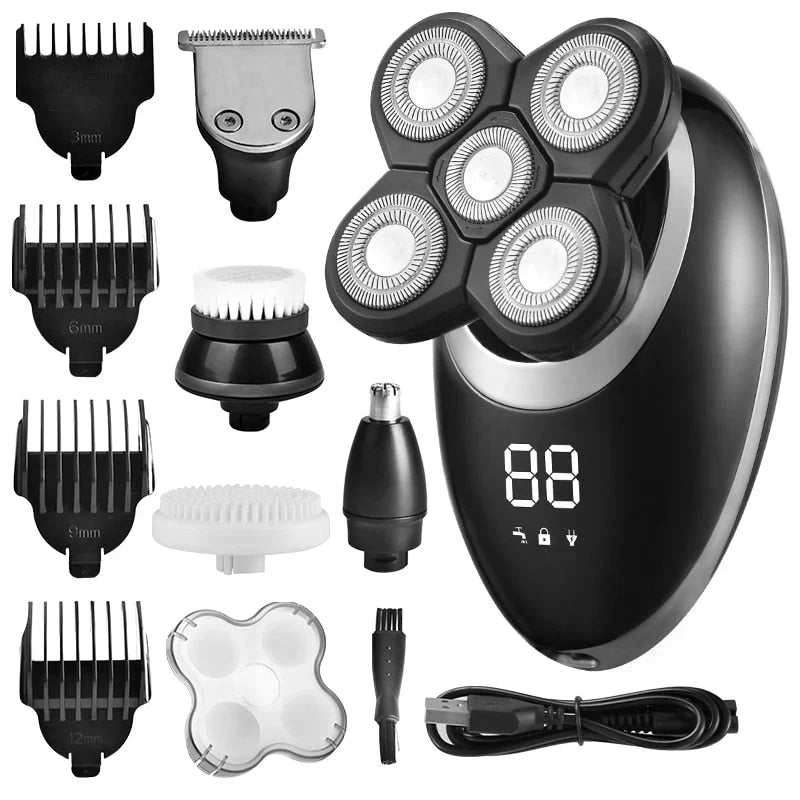 Men's waterproof cordless trimmer with ergonomic grip, stainless steel blades, and multi-functional attachments for grooming.