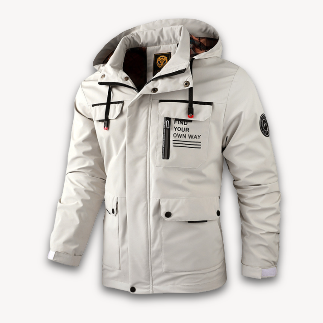 Men's waterproof hooded summer jacket in four colors, front view showing detachable hood and sleek design features.