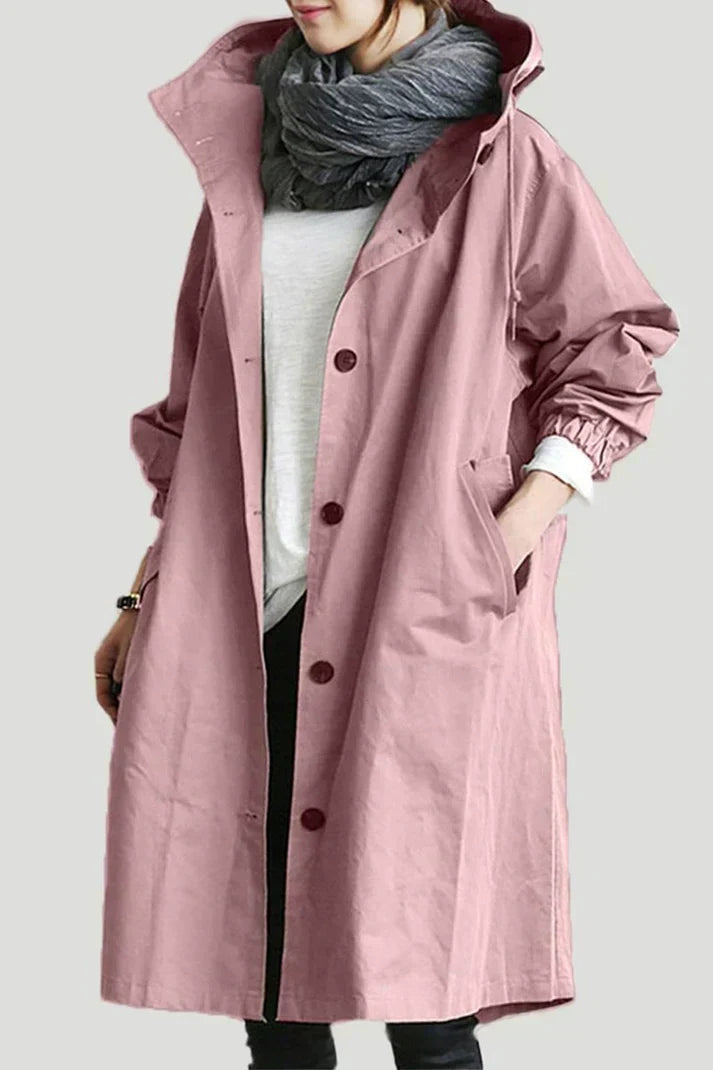 "Men's waterproof trench coat with hood, long tailored fit in black, showcasing stylish design and weather-resistant fabric."
