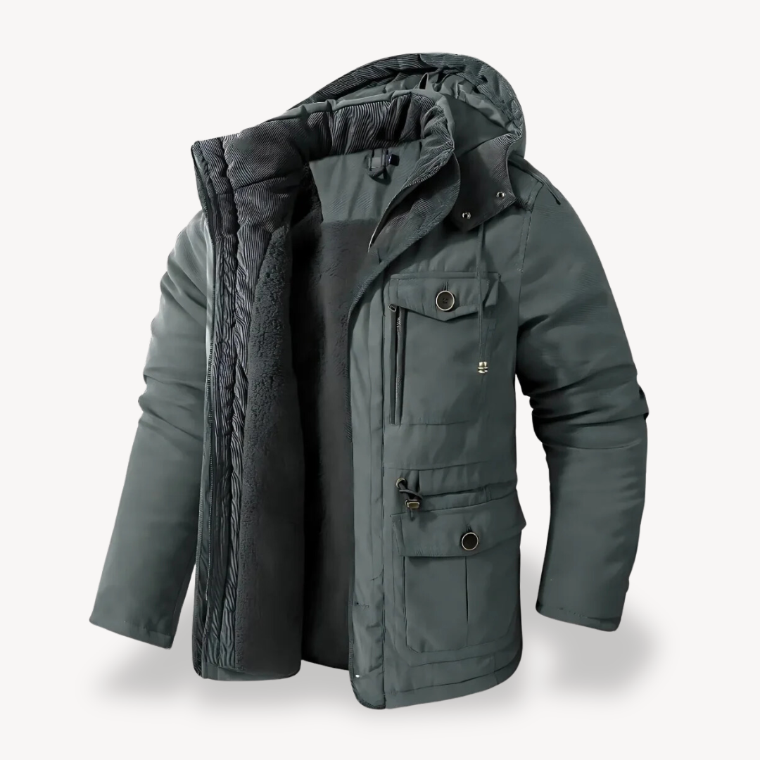 Men's waterproof winter parka with fur-lined hood; thick fleece lining, adjustable fit, multiple pockets; stylish and durable
