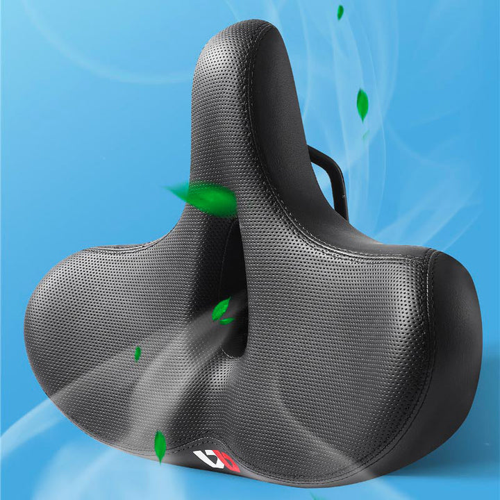 Men's wide bicycle saddle with shock absorption, ergonomic design, and ventilation in durable, water-resistant PU leather.