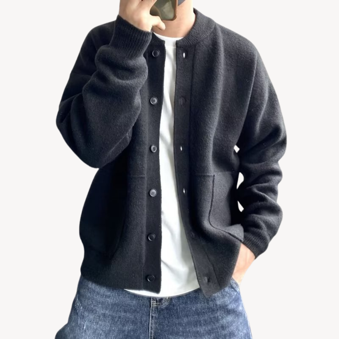 Men's wool button-up cardigan in green, showcasing premium wool fabric, button-up front, and relaxed fit for versatile stylin