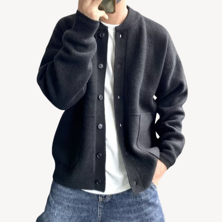 Men's wool button-up cardigan in green, showcasing premium wool fabric, button-up front, and relaxed fit for versatile stylin