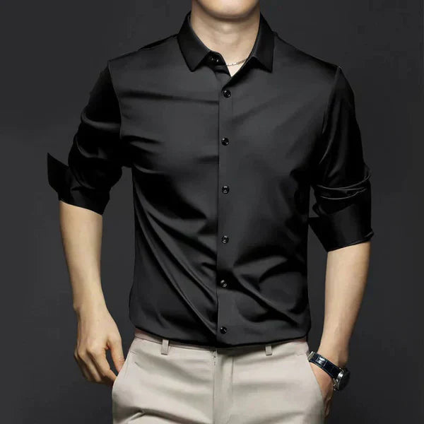 "Men's wrinkle-free dress shirt in beige. Stylish, tailored fit perfect for formal and casual settings."