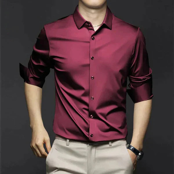 "Men's wrinkle-free dress shirt in beige. Stylish, tailored fit perfect for formal and casual settings."