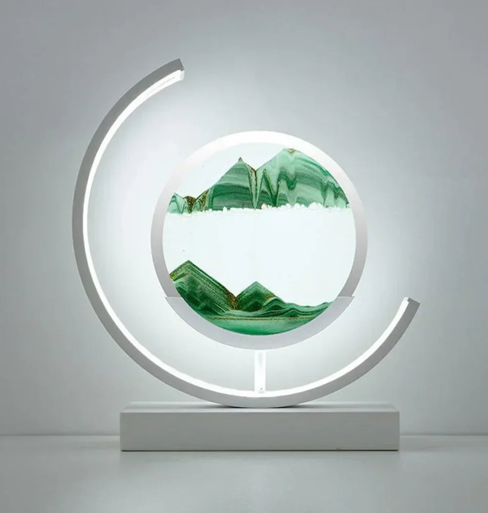 Moving sand art table lamp with LED light, an enchanting home accent that creates peaceful, flowing landscapes.