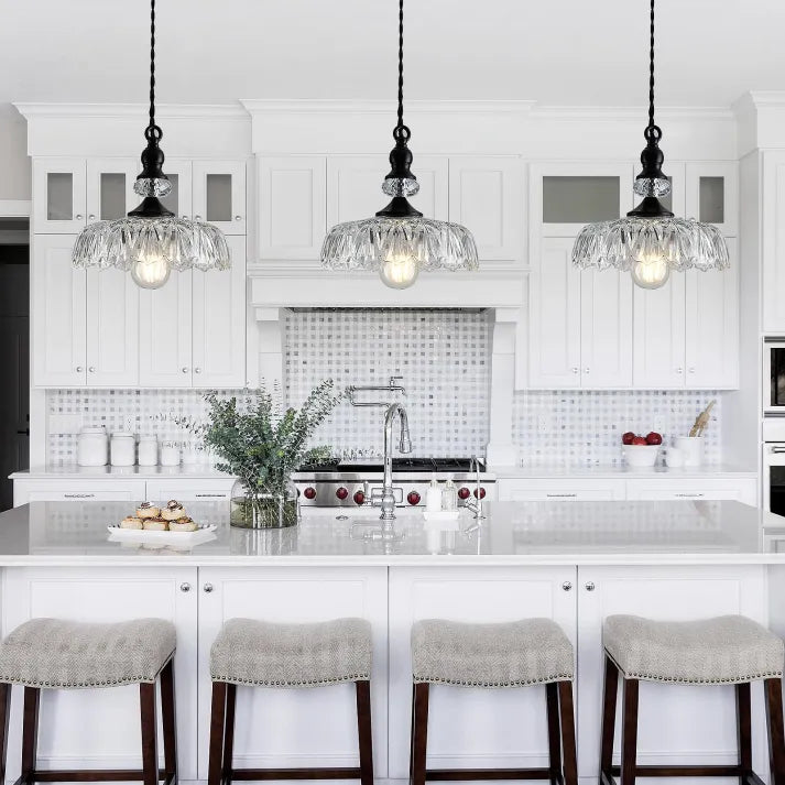 "Mid-century glass pendant light with sleek design, ideal for kitchen island, featuring iron and acrylic materials."