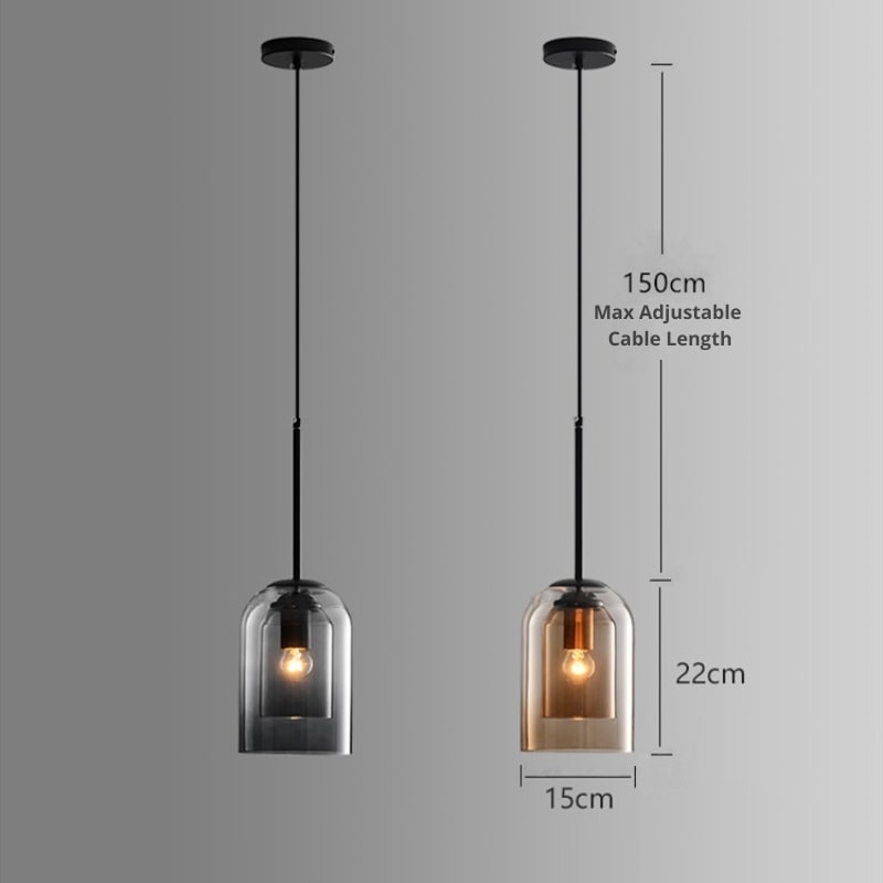 Mid-Century pendant lamp with double glass shades, polished iron fittings, smoke grey color, modern lighting for elegant spac