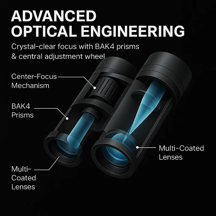 Close-up of military-grade 40x22 HD binoculars, showing powerful lenses for crisp long-range views.