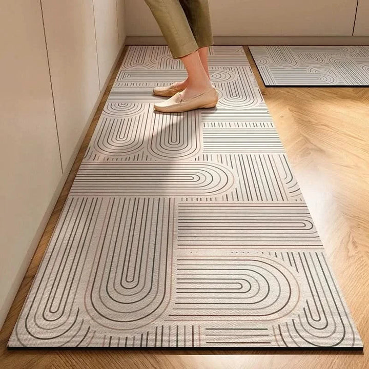 Stylish minimalist kitchen mat, a durable non-slip floor mat providing anti-fatigue comfort & safety.