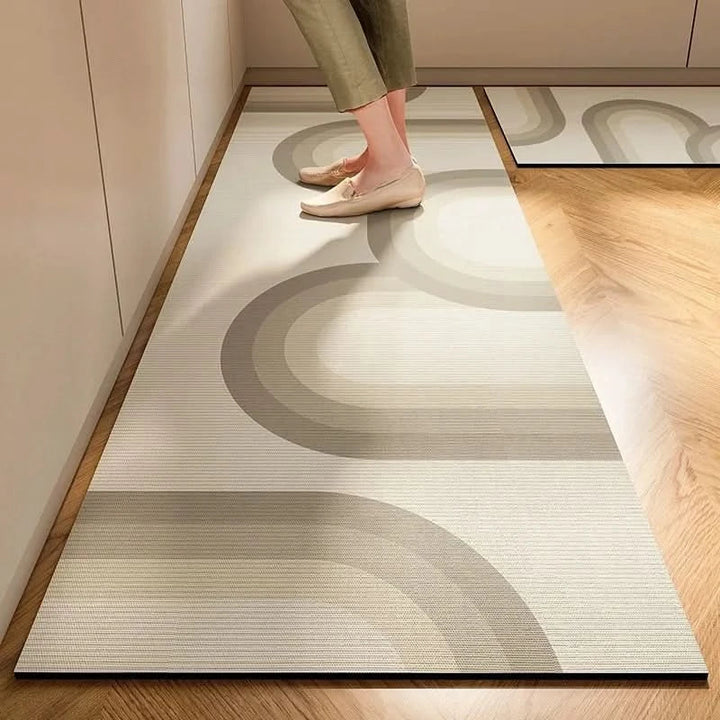 Kitchen safety floor mat; a minimalist non-slip design providing ultimate comfort and easy maintenance.
