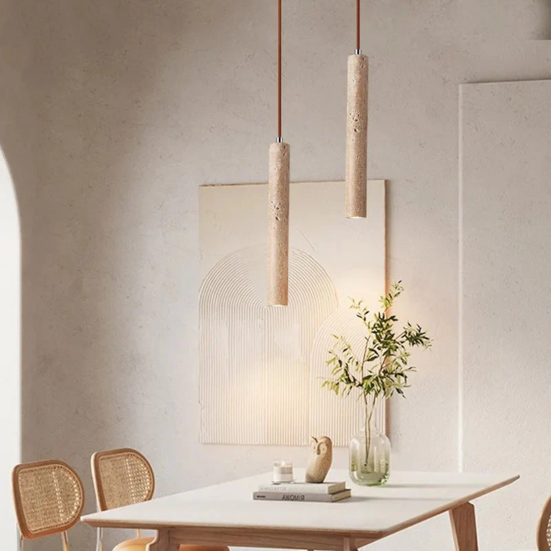 Travertine Wabi-Sabi style LED chandelier by LumoLine, providing warm, minimalist lighting for modern homes.