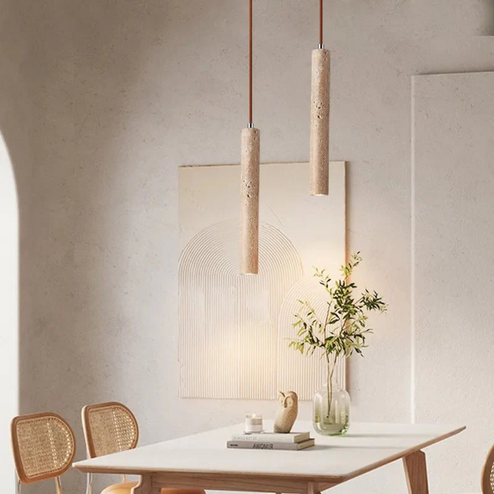 Travertine Wabi-Sabi style LED chandelier by LumoLine, providing warm, minimalist lighting for modern homes.
