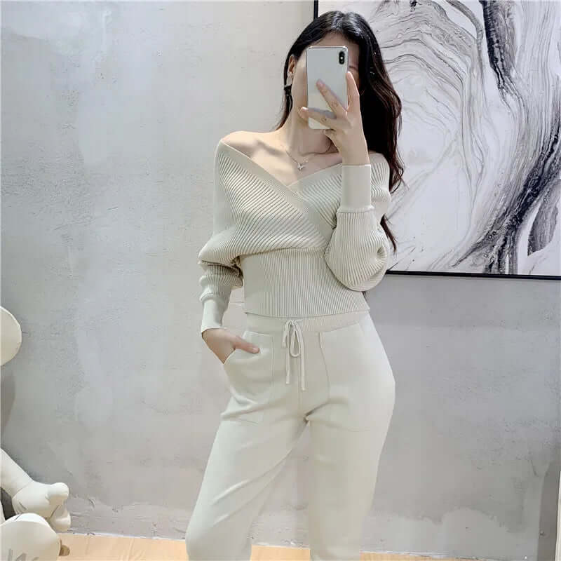 Comfortable women's ribbed knit harem pants from a lounge set, great for all-day wear.