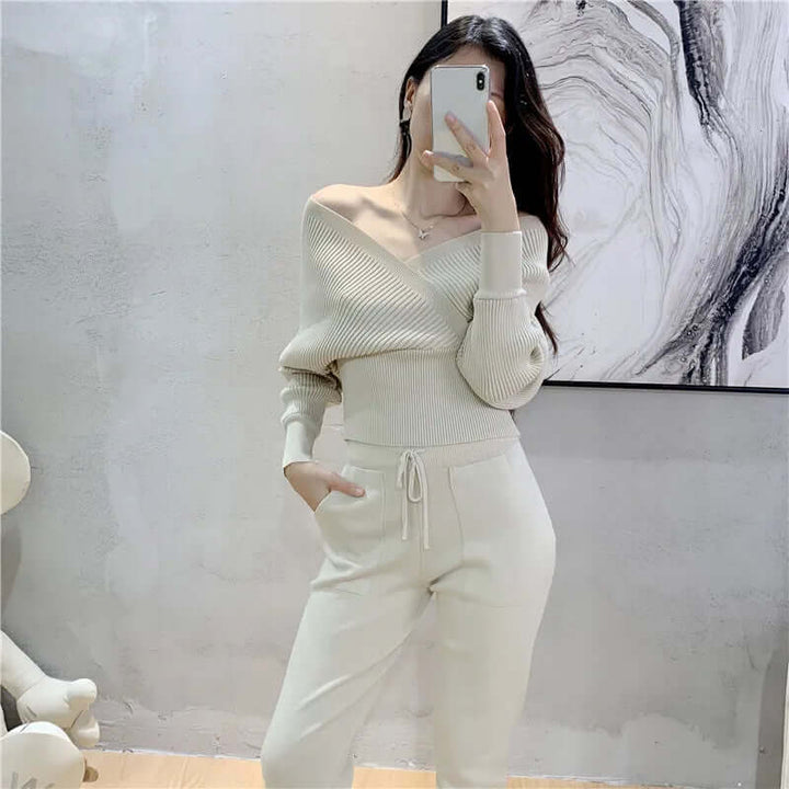 Comfortable women's ribbed knit harem pants from a lounge set, great for all-day wear.