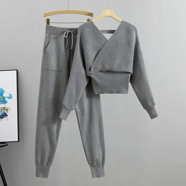 Stylish women's ribbed knit homewear set with a V-neck long-sleeve top and soft harem pants.