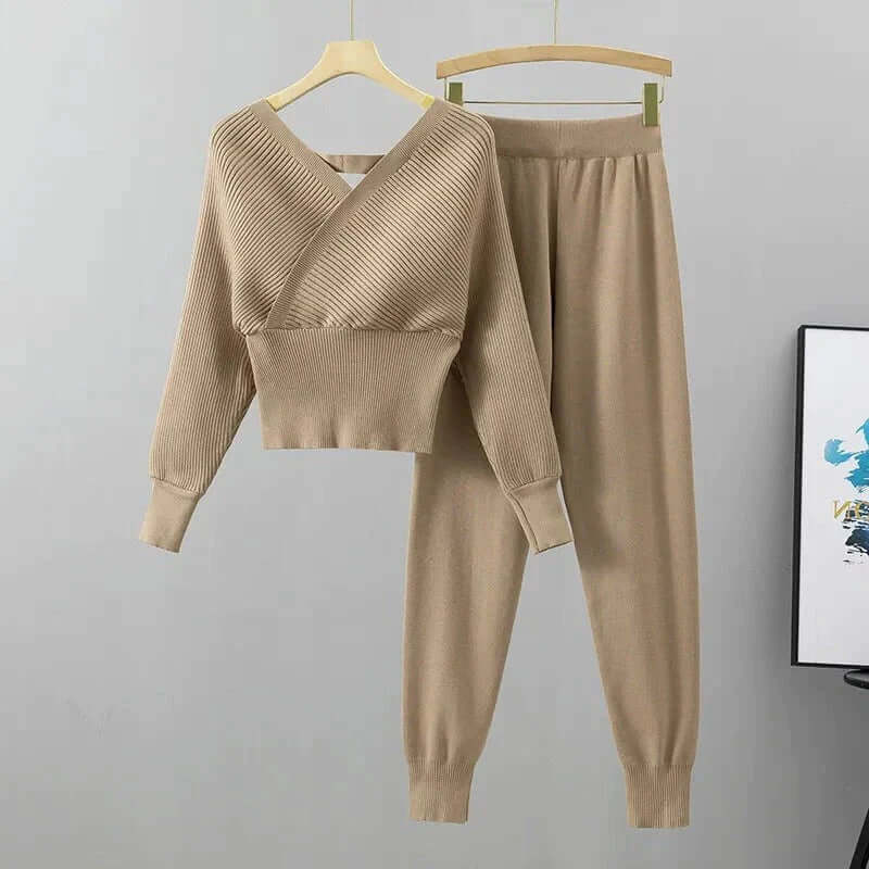 Women's sleepwear: a comfy ribbed knit V-neck top and matching harem pants in beige.