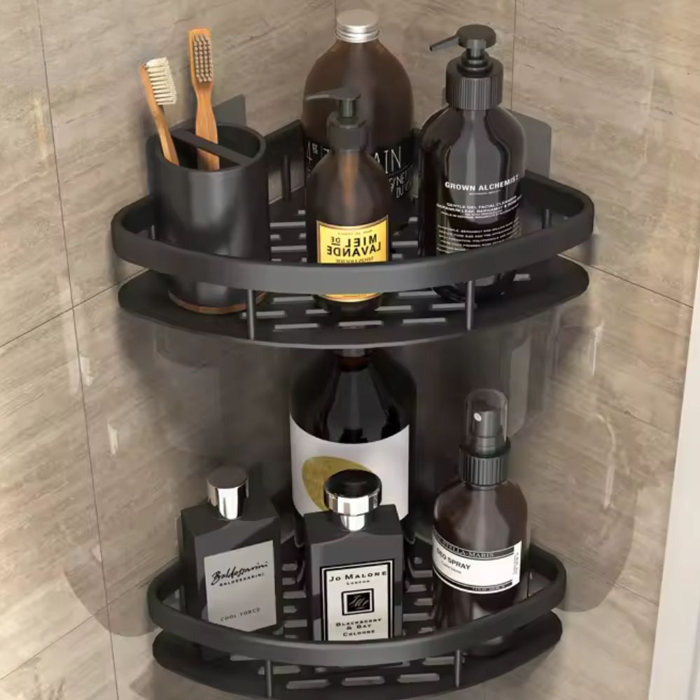 Modern 2-tier rustproof silver shower caddy, wall mounted bathroom organizer for shampoos & soap. Space-saving storage.