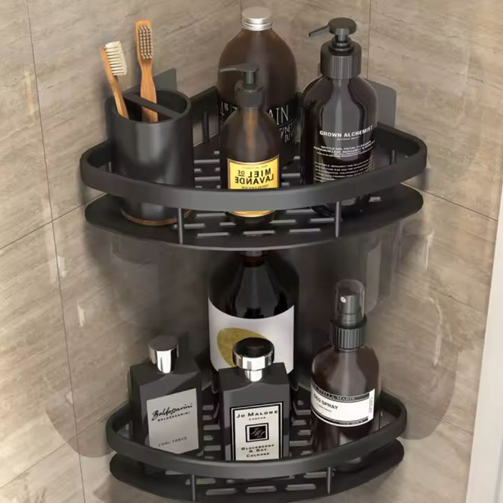 Modern 2-tier rustproof silver shower caddy, wall mounted bathroom organizer for shampoos & soap. Space-saving storage.