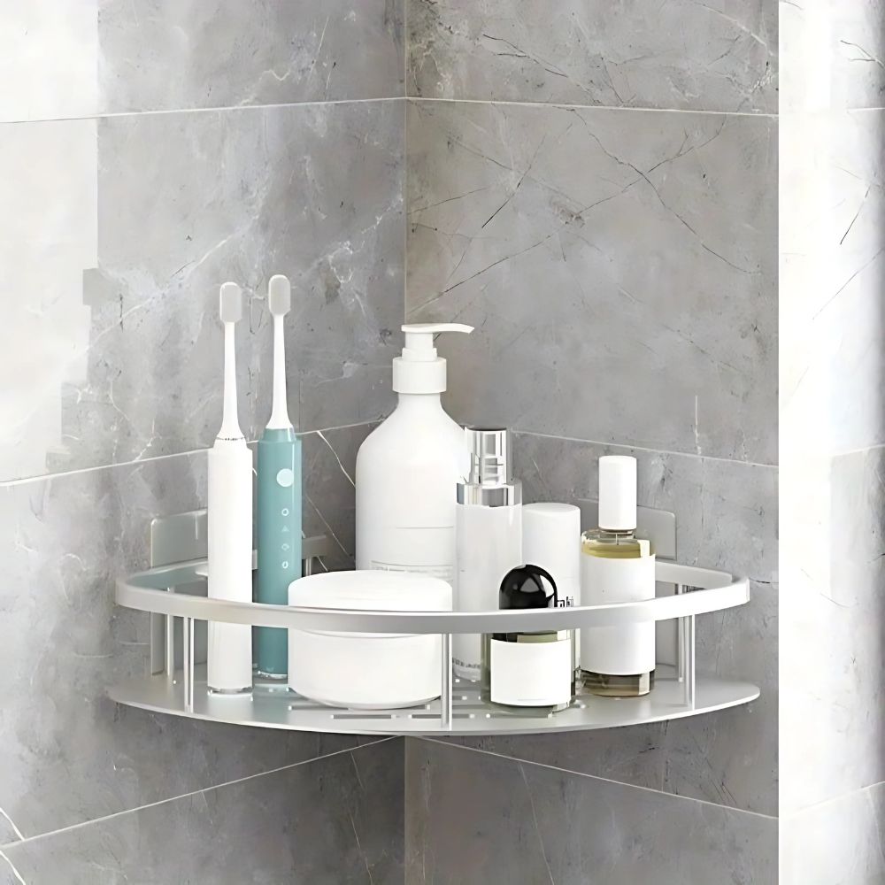 Sleek 1-tier black rustproof shower caddy. Durable wall-mounted bathroom shelf for toiletries, maximizing shower space.