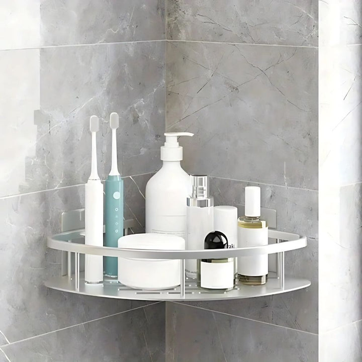 Sleek 1-tier black rustproof shower caddy. Durable wall-mounted bathroom shelf for toiletries, maximizing shower space.