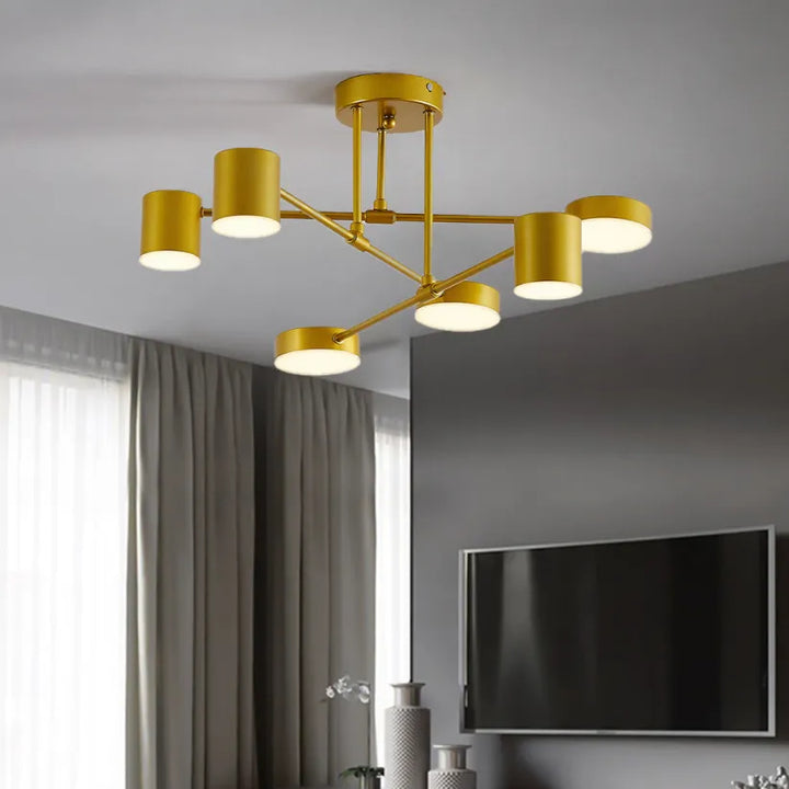 "Modern 6-light ceiling lamp with sleek geometric design and adjustable light modes for stylish, balanced home illumination."