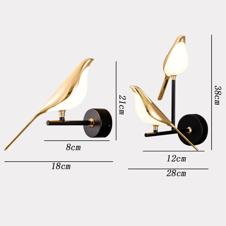 Modern bird-shaped wall lamp, gold-plated LED, magnetic positioning; ideal for living room decor with warm, natural, cold lig