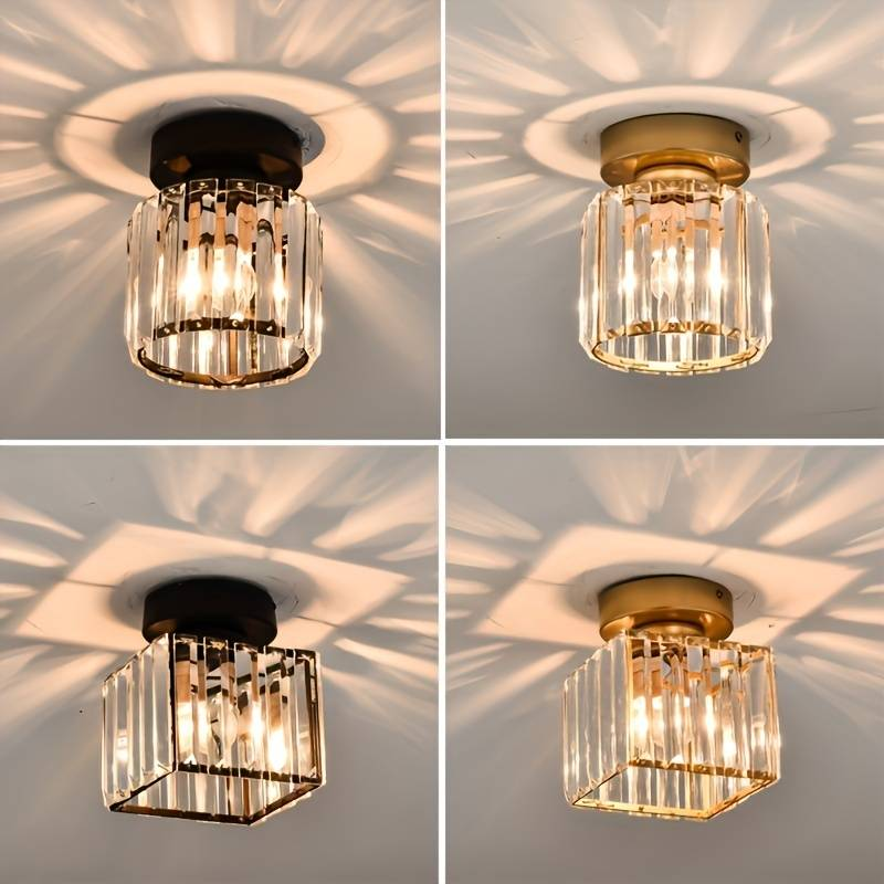 Modern black crystal flush mount ceiling light, sleek brass fixture, crystal shade, ideal for rooms with low ceilings.