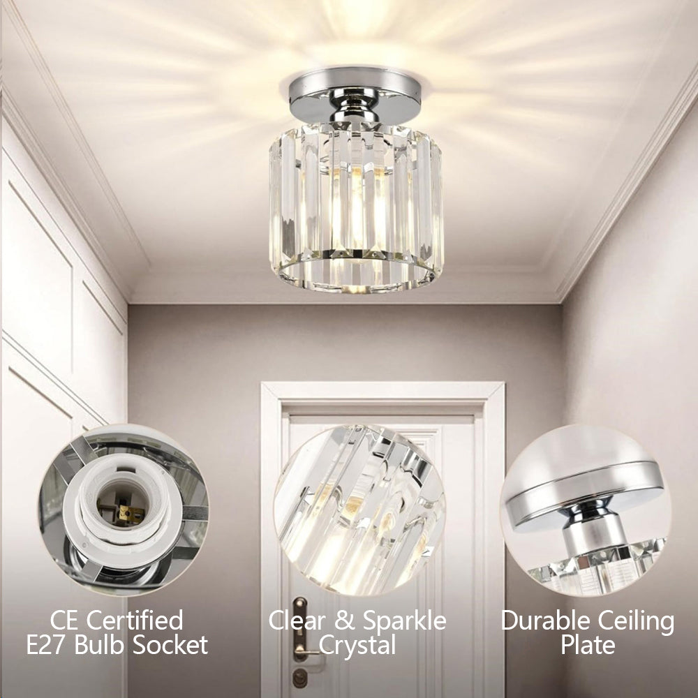 Modern black crystal flush mount ceiling light, sleek brass fixture, crystal shade, ideal for rooms with low ceilings.