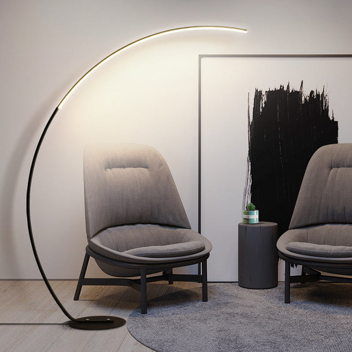 Modern black LED floor lamp with a curved structure, matte finish, and sleek design; perfect for home lighting decoration.