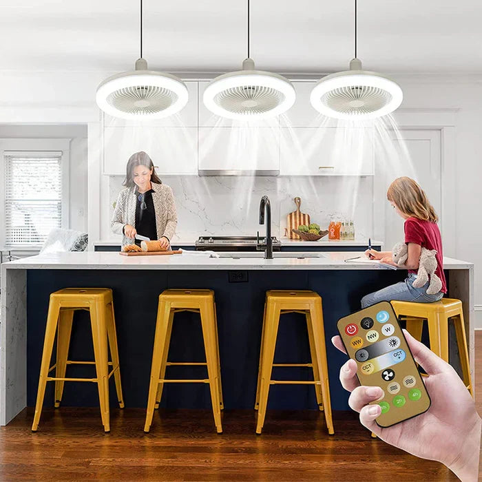 Easy-install modern ceiling fan with remote control, LED light, & quiet operation for convenient home cooling.